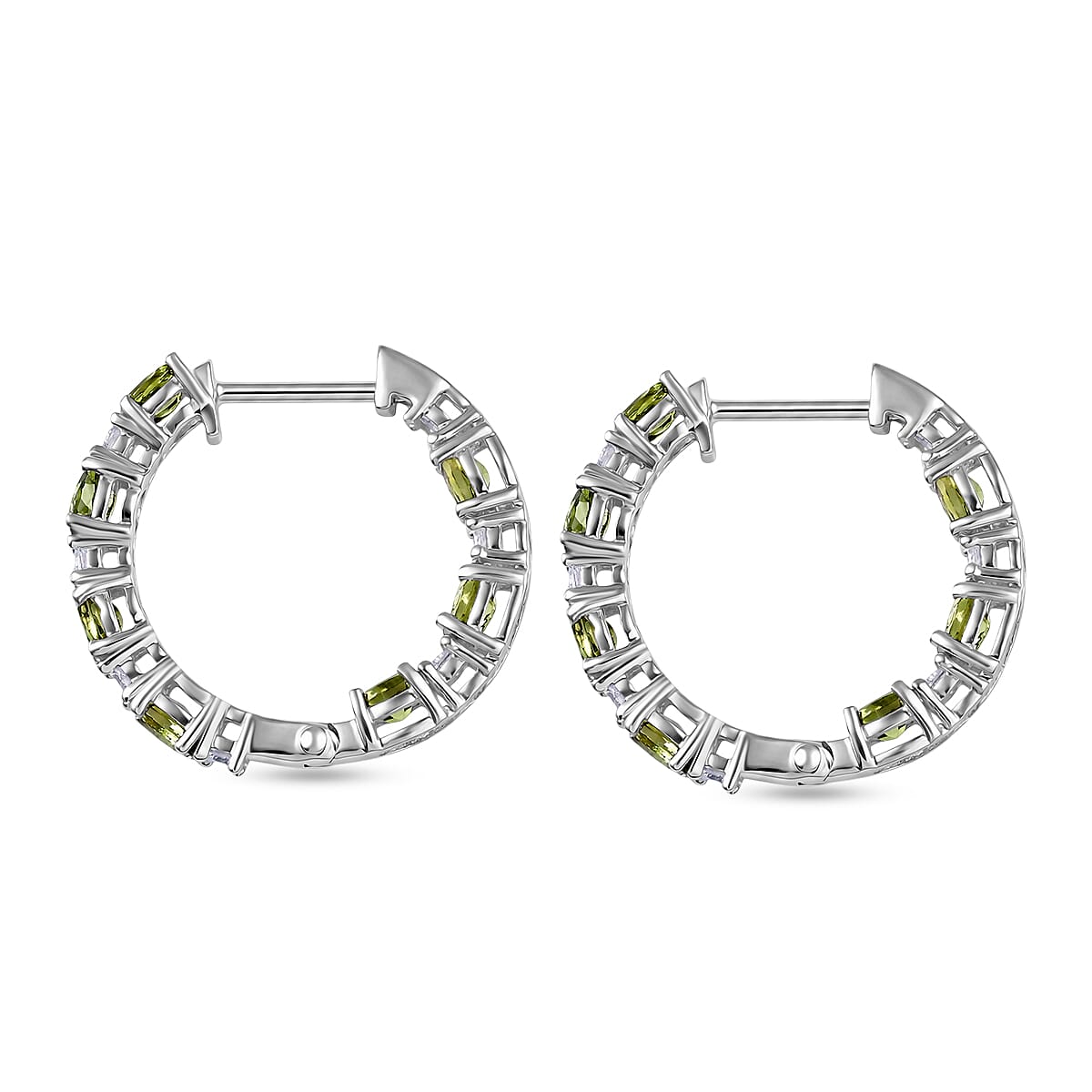D'Joy Premium Natural Green Apatite and White Zircon 3.30 ctw Hoop Earrings in Rhodium Over Sterling Silver image number 3