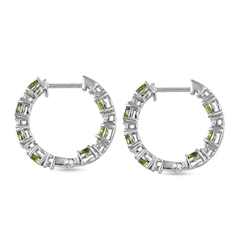 D'Joy Premium Natural Green Apatite and White Zircon 3.30 ctw Hoop Earrings in Rhodium Over Sterling Silver