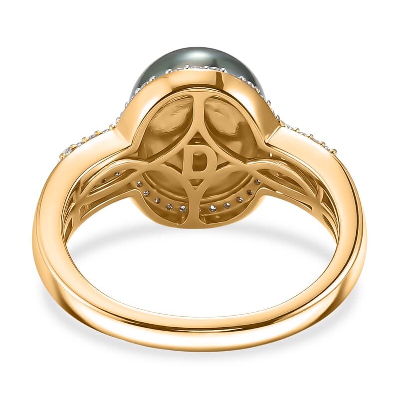 D'Joy Premium Tahitian Pearl and Diamond 0.30 ctw Geometry Halo Ring in 18K Vermeil Yellow Gold Over Sterling Silver (Size 10.0)