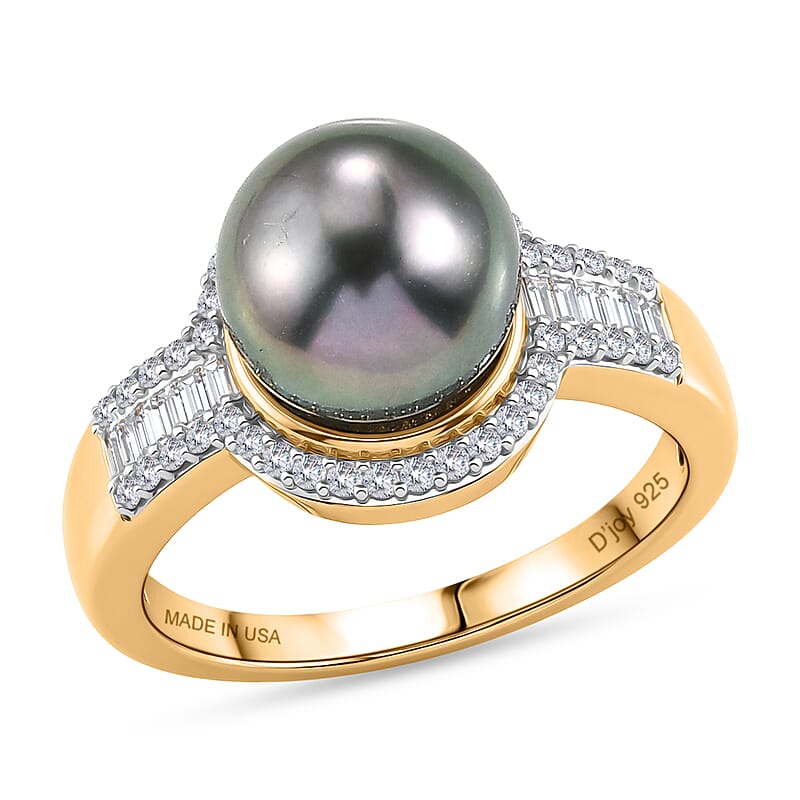 D'Joy Premium Tahitian Pearl and Diamond 0.30 ctw Geometry Halo Ring in 18K Vermeil Yellow Gold Over Sterling Silver (Size 6.0)