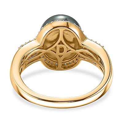 D'Joy Premium Tahitian Pearl and Diamond 0.30 ctw Geometry Halo Ring in 18K Vermeil Yellow Gold Over Sterling Silver (Size 6.0)