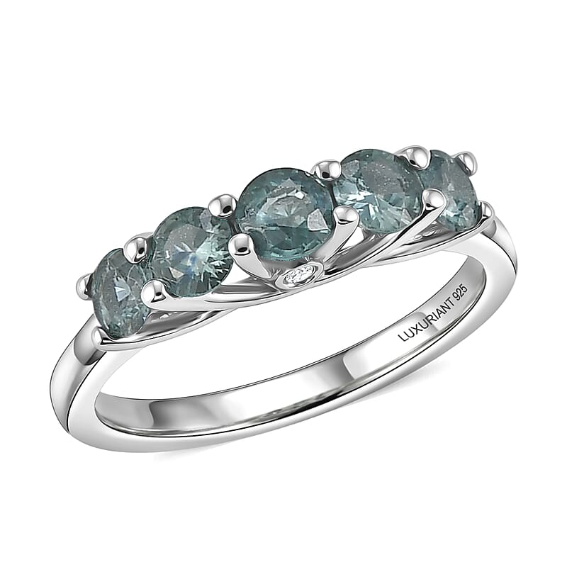 Montana Sapphire and Luxuriant Lab Grown Diamond G-H SI 1.50 ctw Five Elements Ring in Rhodium Over Sterling Silver (Size 10.0)