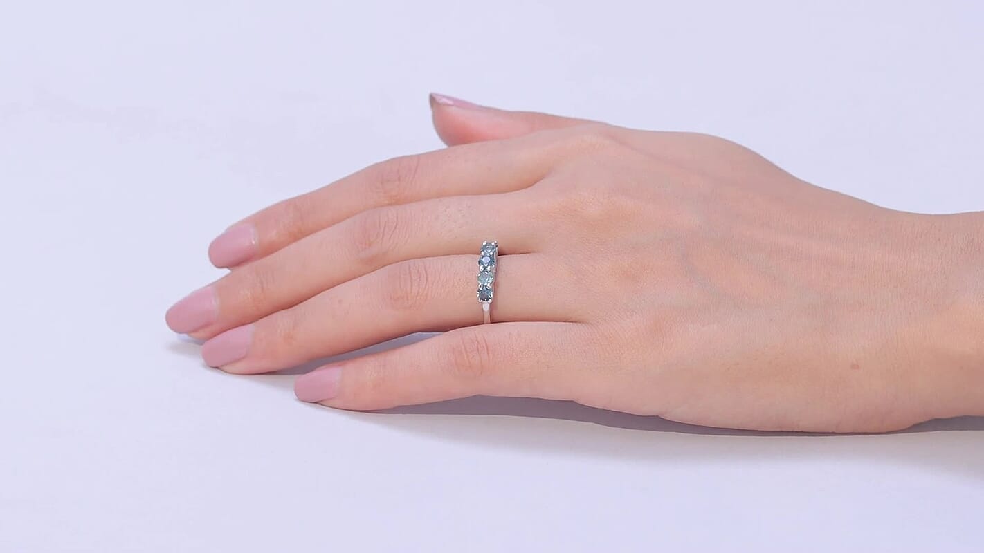 Montana Sapphire, Luxuriant Lab Grown Diamond (G-H, SI) Five Elements Ring in Rhodium Over Sterling Silver (Size 10.0) 1.50 ctw