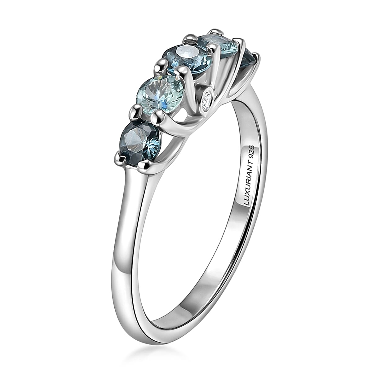 Montana Sapphire and Luxuriant Lab Grown Diamond G-H SI 1.50 ctw Five Elements Ring in Rhodium Over Sterling Silver (Size 6.0)
