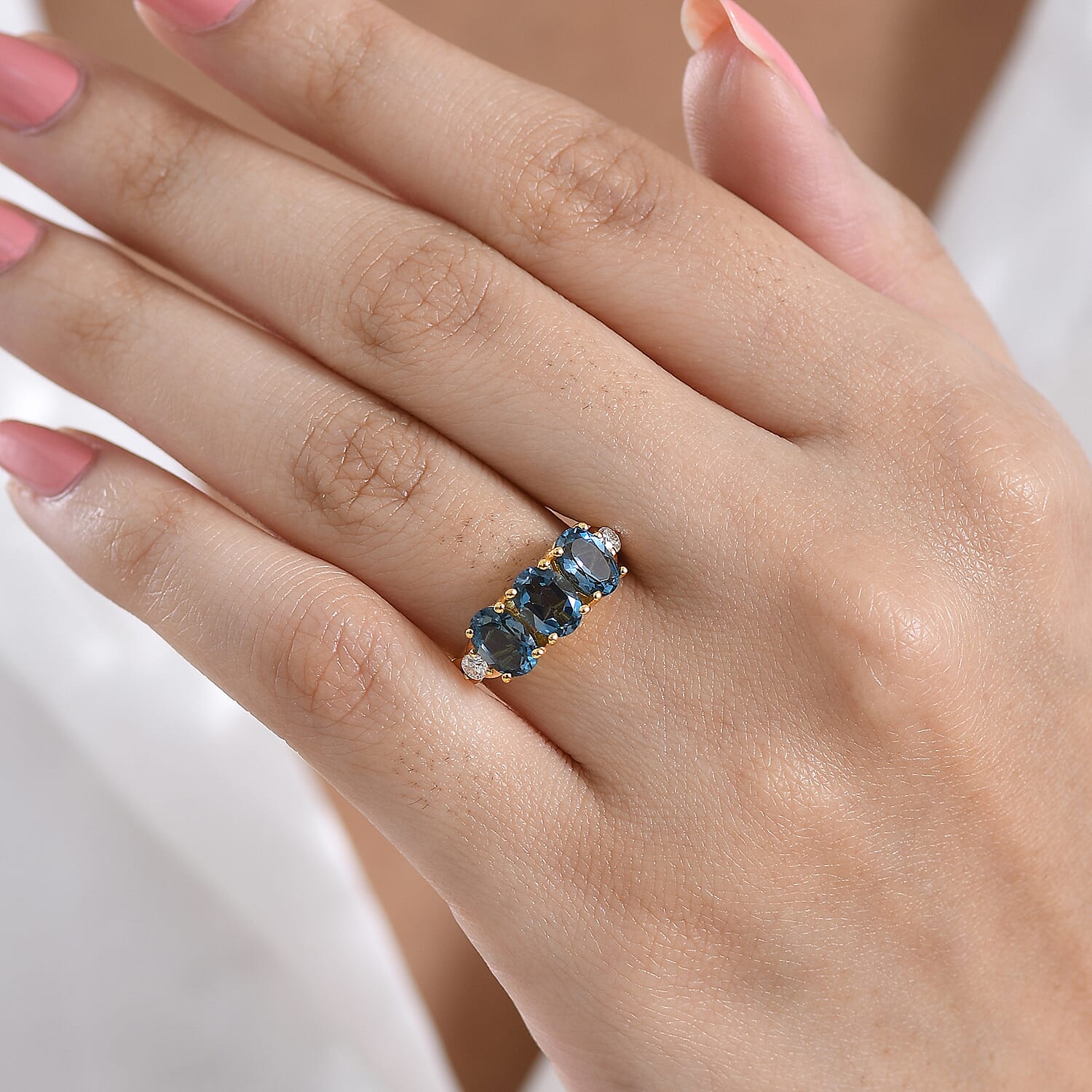 EverTrue Premium London Blue Topaz and Moissanite 3.00 ctw Trilogy Ring in 18K YG Plated (Size 6.0)