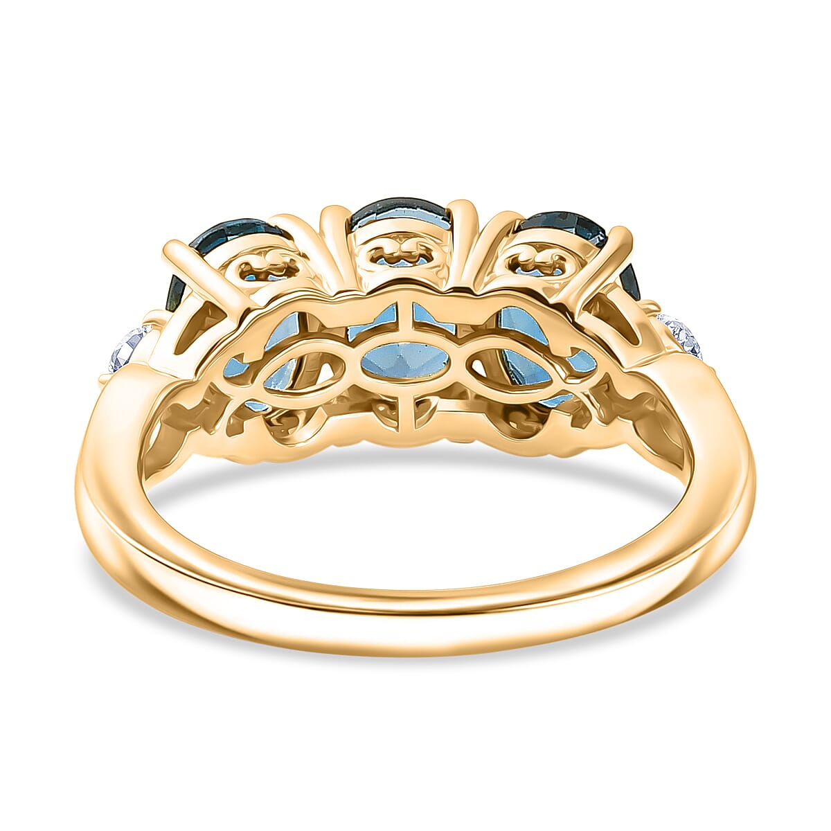 EverTrue Premium London Blue Topaz and Moissanite 3.00 ctw Trilogy Ring in 18K YG Plated (Size 6.0)