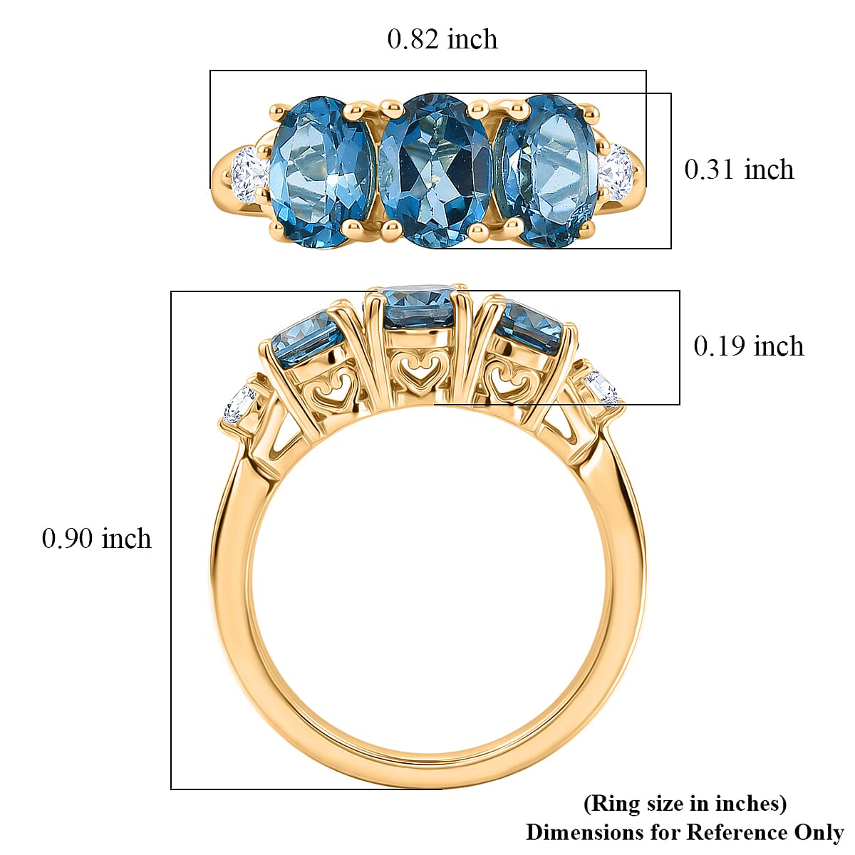 EverTrue Premium London Blue Topaz and Moissanite 3.00 ctw Trilogy Ring in 18K YG Plated (Size 7.0)