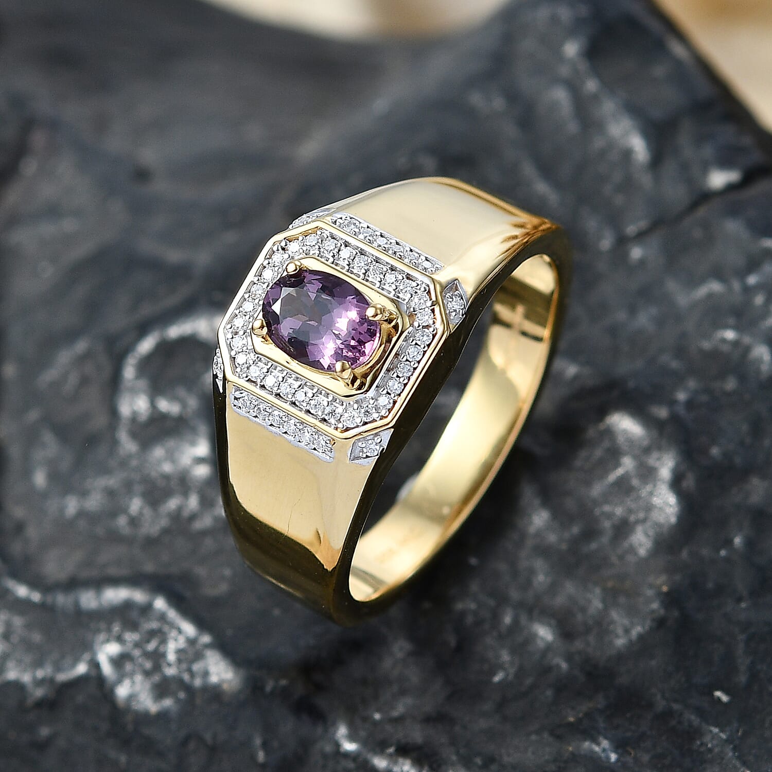 D'Joy Narsipatnam Purple Spinel and Moissanite 1.10 ctw Men's Ring in 18K Vermeil Yellow Gold Over Sterling Silver (Size 13.0)