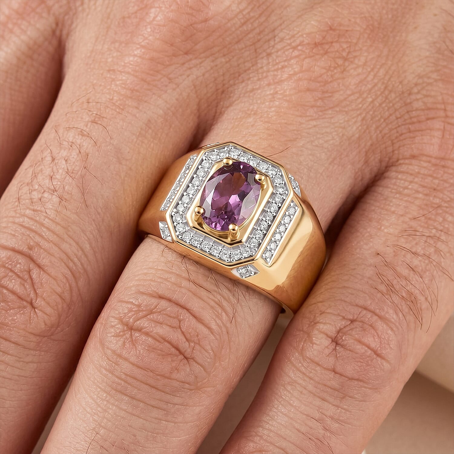 D'Joy Narsipatnam Purple Spinel and Moissanite 1.10 ctw Men's Ring in 18K Vermeil Yellow Gold Over Sterling Silver (Size 13.0)
