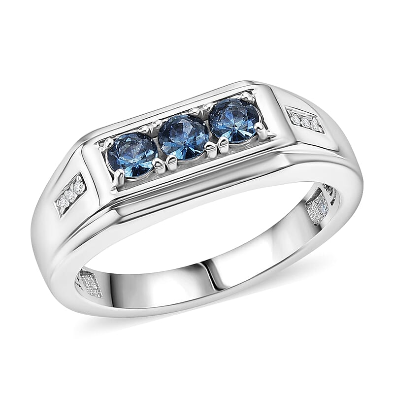 D'Joy Montana Sapphire and White Zircon 0.75 ctw Men's Ring in Rhodium Over Sterling Silver (Size 10.0)