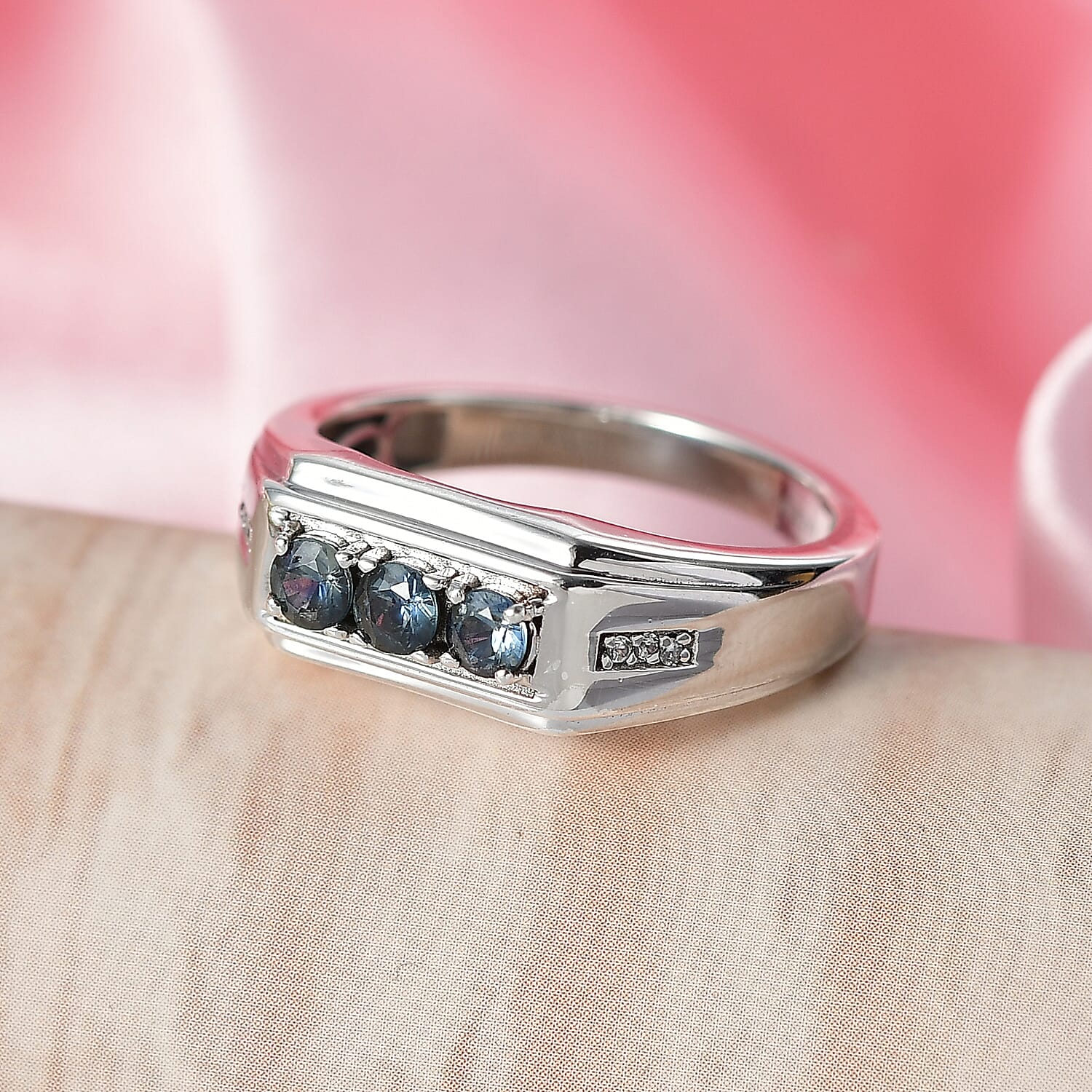 D'Joy Montana Sapphire and White Zircon 0.75 ctw Men's Ring in Rhodium Over Sterling Silver (Size 10.0)
