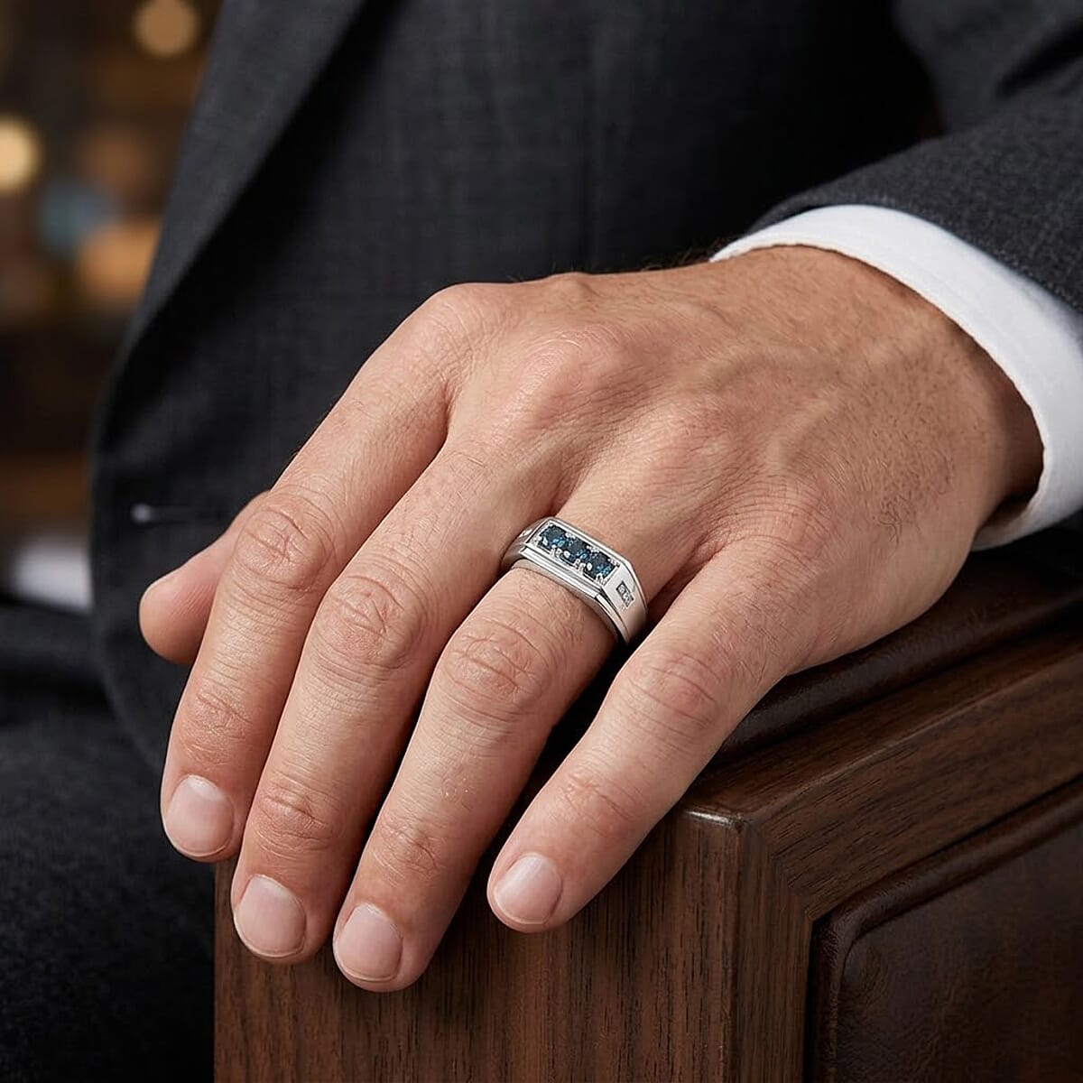 D'Joy Montana Sapphire and White Zircon 0.75 ctw Men's Ring in Rhodium Over Sterling Silver (Size 10.0) (Del. in 8-10 Days) image number 2