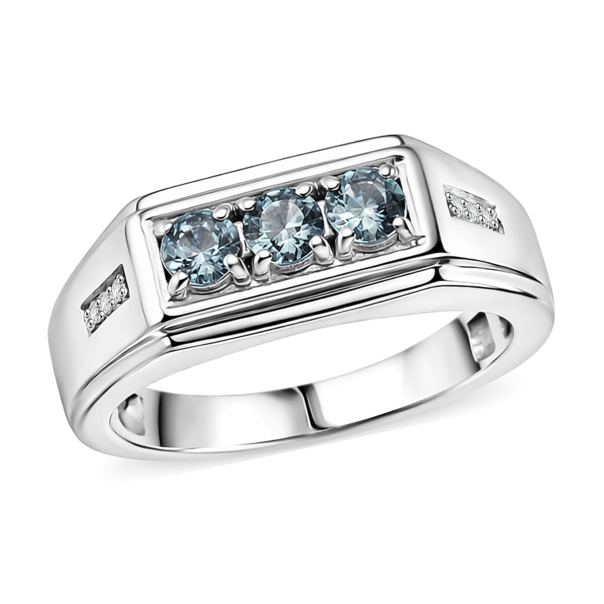 D'Joy Montana Sapphire and White Zircon 0.75 ctw Men's Ring in Rhodium Over Sterling Silver (Size 13.0)