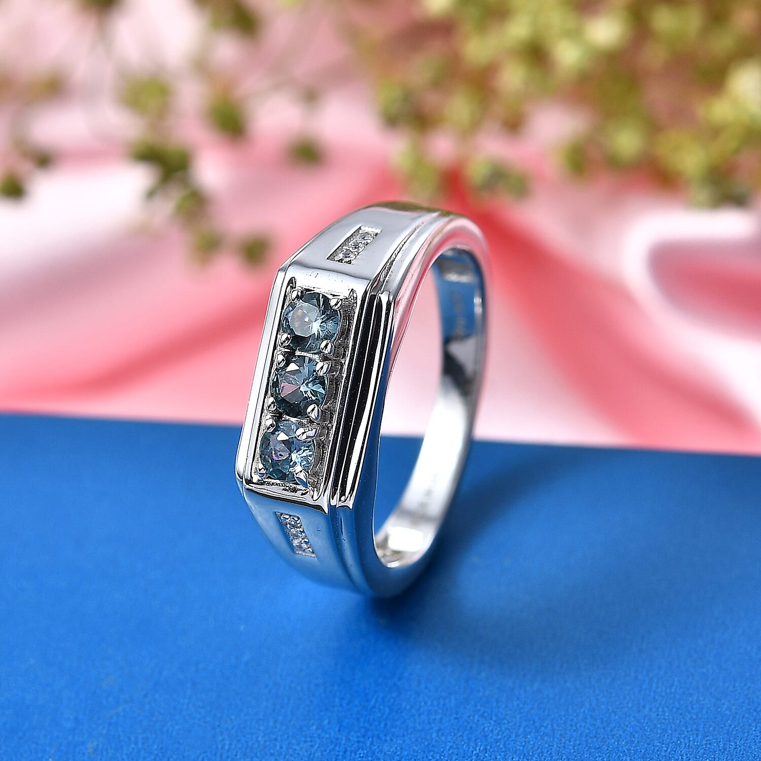 D'Joy Montana Sapphire and White Zircon 0.75 ctw Men's Ring in Rhodium Over Sterling Silver (Size 13.0)