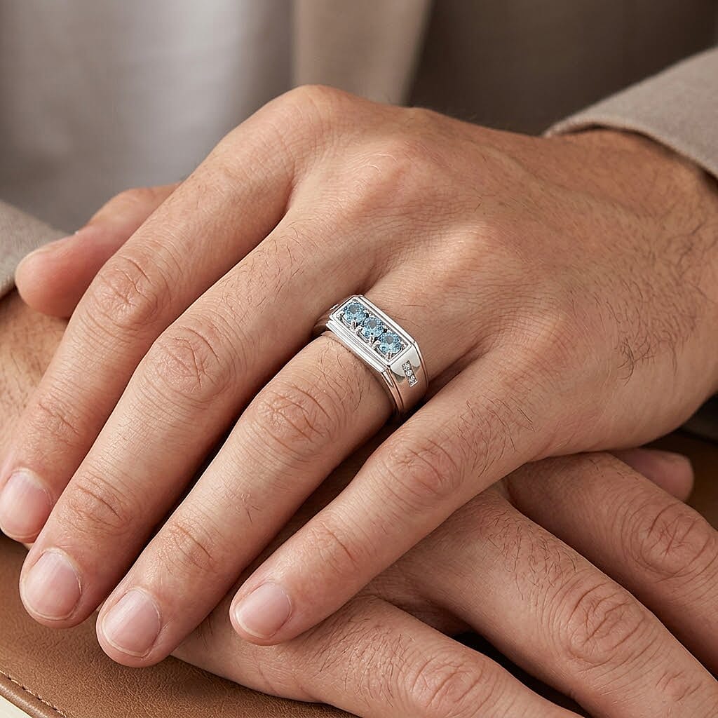 D'Joy Montana Sapphire and White Zircon 0.75 ctw Men's Ring in Rhodium Over Sterling Silver (Size 13.0)