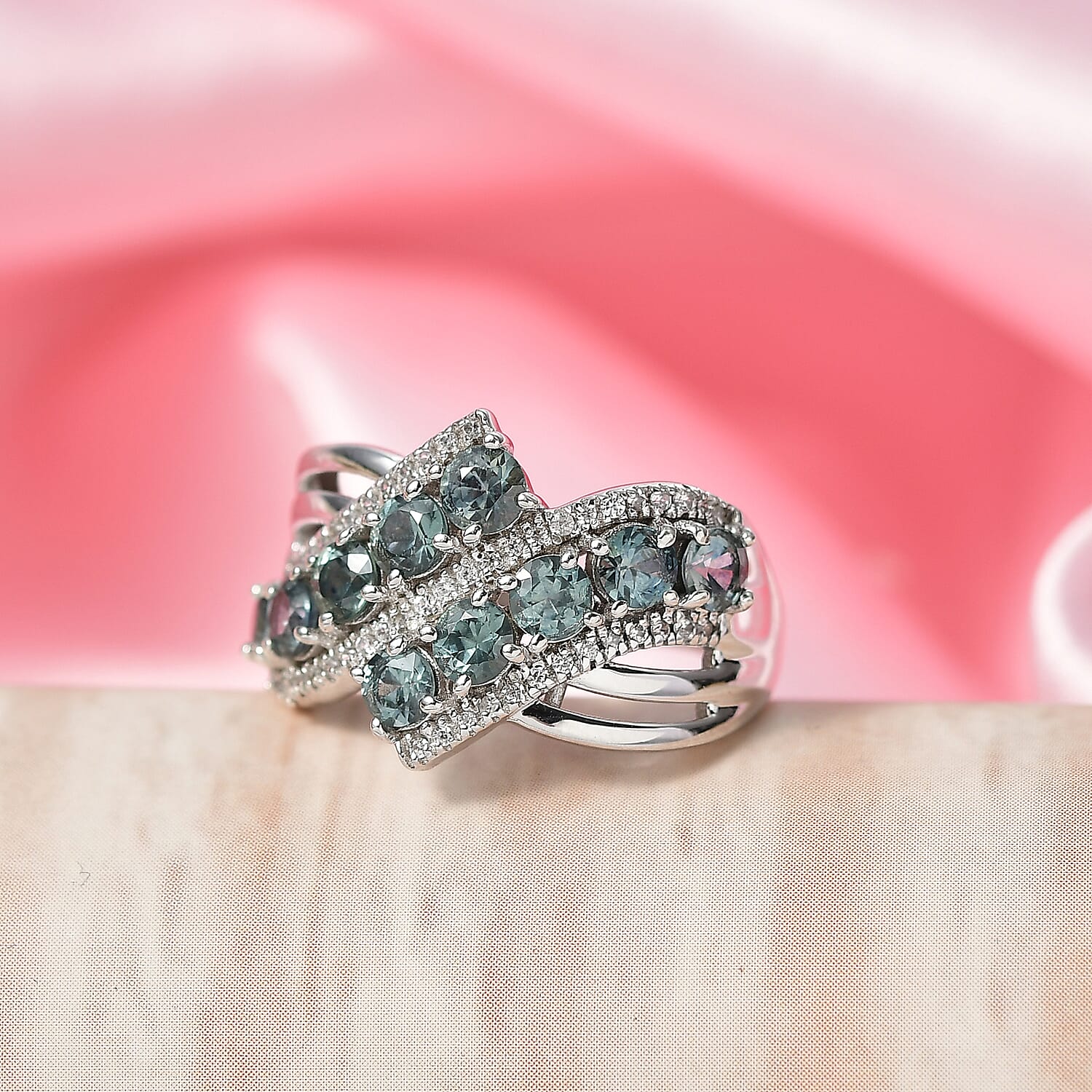 D'Joy Montana Sapphire and White Zircon 2.50 ctw Midnight Tide Ring in Rhodium Over Sterling Silver (Size 6.0)