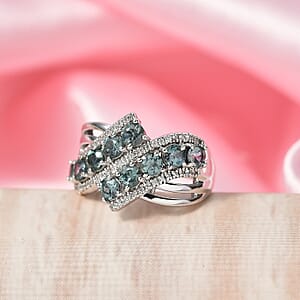 D'Joy Montana Sapphire and White Zircon 2.50 ctw Midnight Tide Ring in Rhodium Over Sterling Silver (Size 9.0) (Del. in 8-10 Days)