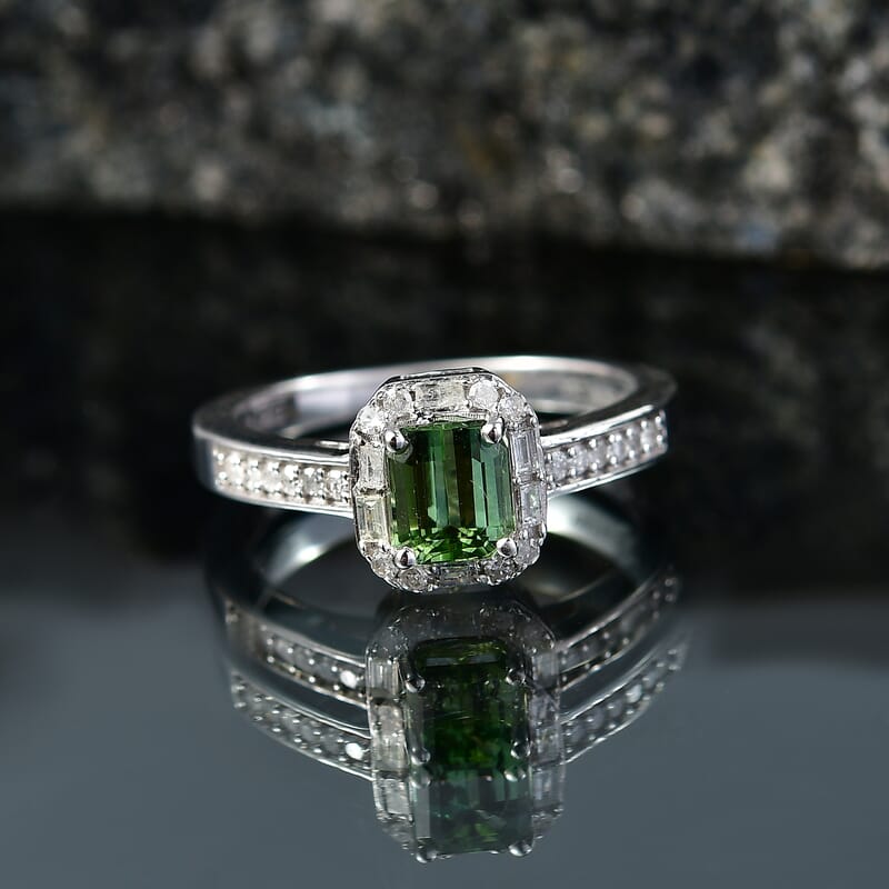 D'Joy AAA Arquiana Mint Tourmaline and Diamond 1.20 ctw Floral Mosaic Ring in Platinum Over Sterling Silver (Size 6.0)