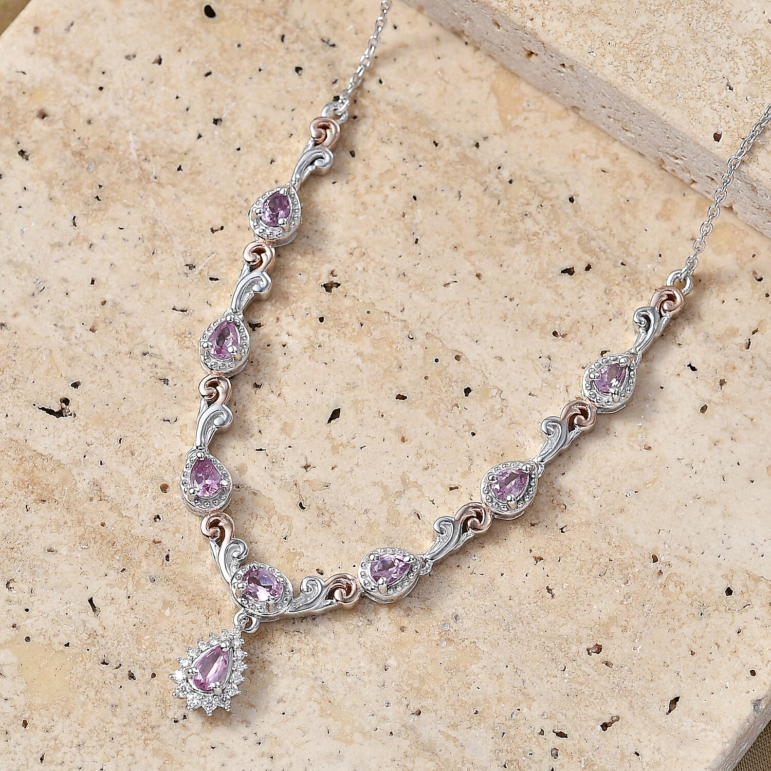 D'Joy Narsipatnam Purple Spinel and Moissanite 1.50 ctw Violet Garland Necklace in 18K Vermeil Rose Gold and Rhodium Over Sterling Silver 18-20 Inches