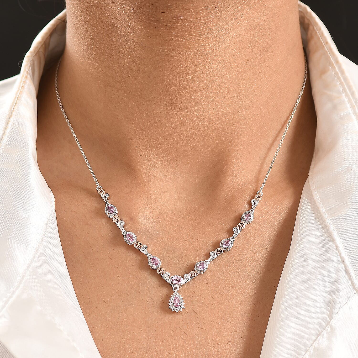 D'Joy Narsipatnam Purple Spinel and Moissanite 1.50 ctw Violet Garland Necklace in 18K Vermeil Rose Gold and Rhodium Over Sterling Silver 18-20 Inches