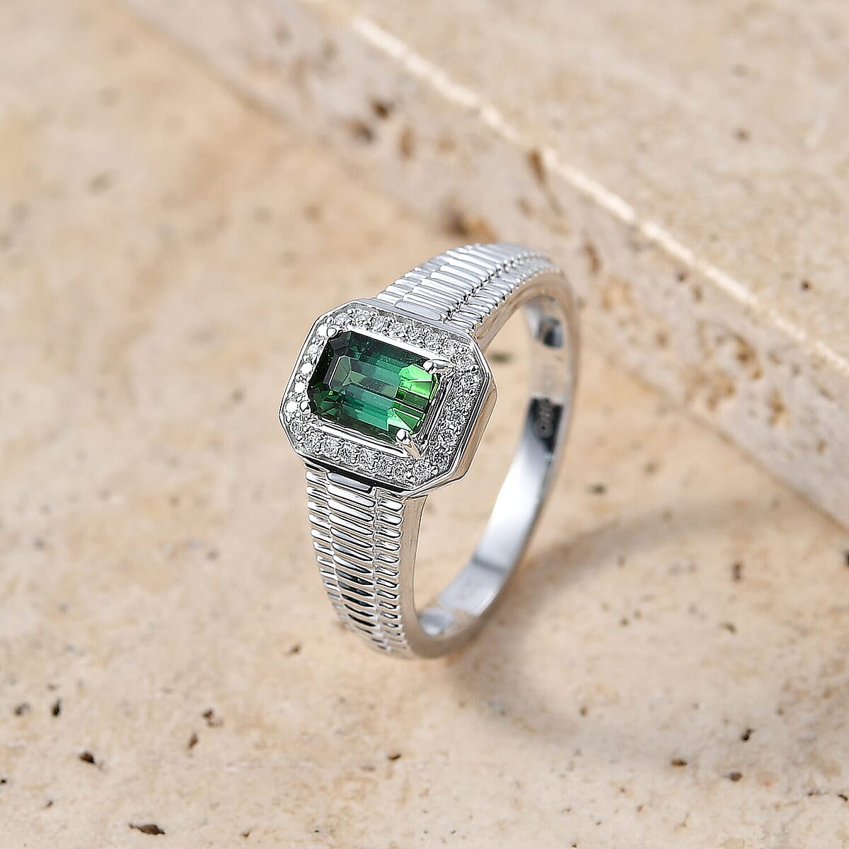 Luxoro Premium Pirineu Lagoon Tourmaline and Diamond I2 1.15 ctw Men's Ring in 10K White Gold (Size 10.0) 5.60 Grams image number 1