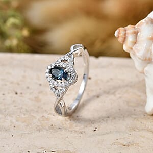 D'Joy Monte Belo Indicolite and Moissanite 0.40 ctw Ocean Grace Halo Ring in Rhodium Over Sterling Silver (Size 10.0)