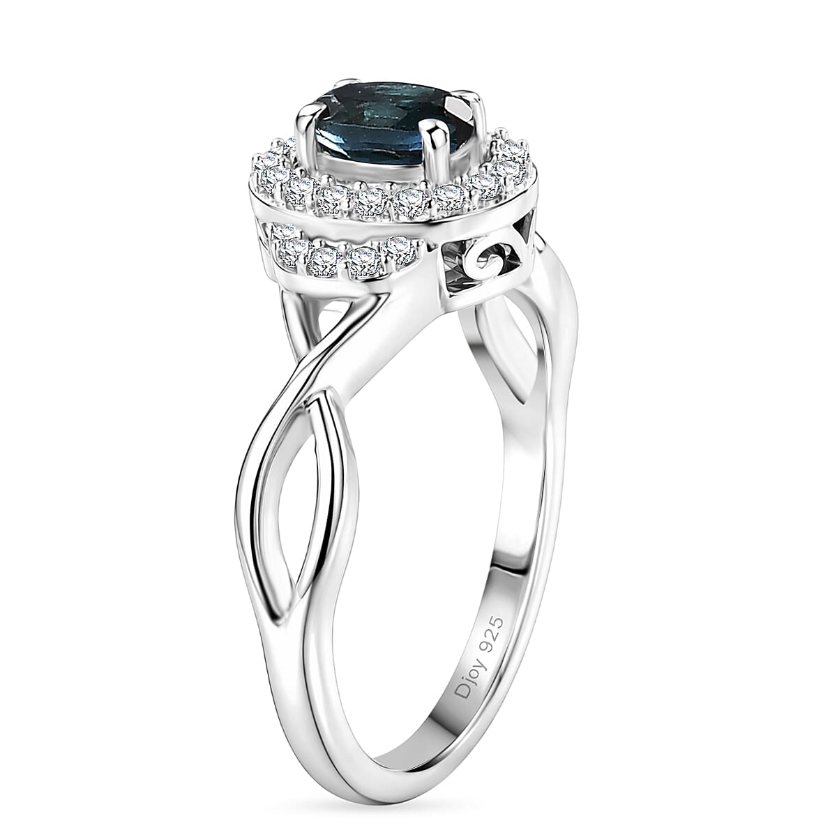 D'Joy Monte Belo Indicolite, Moissanite Ocean Grace Halo Ring in Rhodium Over Sterling Silver (Size 10.0) 0.40 ctw image number 3