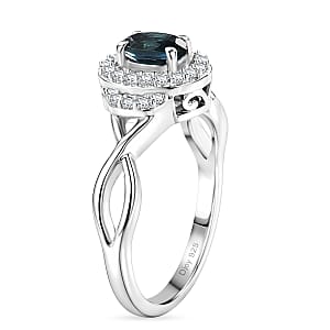 D'Joy Monte Belo Indicolite and Moissanite 0.40 ctw Ocean Grace Halo Ring in Rhodium Over Sterling Silver (Size 10.0)