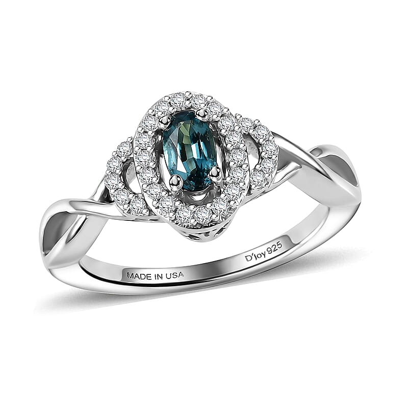 D'Joy Monte Belo Indicolite and Moissanite 0.40 ctw Ocean Grace Halo Ring in Rhodium Over Sterling Silver (Size 5.0)