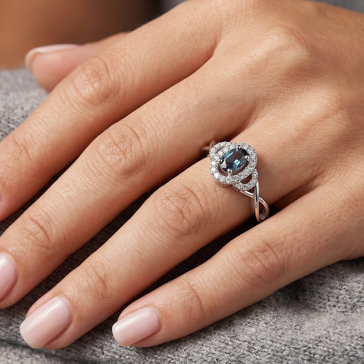 D'Joy Monte Belo Indicolite and Moissanite 0.40 ctw Ocean Grace Halo Ring in Rhodium Over Sterling Silver (Size 5.0)