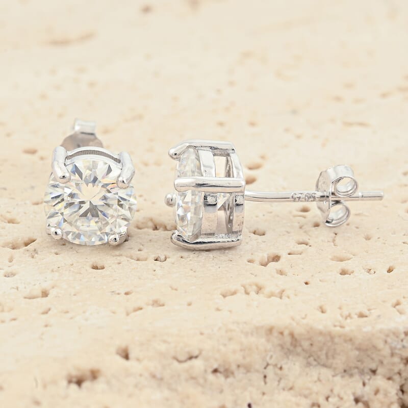 Certified Moissanite (Rnd 6.5mm)(D-E, VVS1- VVS2) Stud Earrings in Sterling Silver