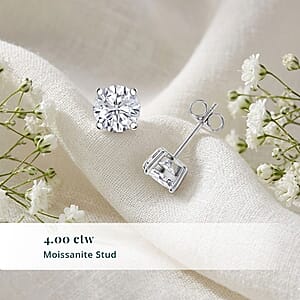 Mother's Day Special Certified Moissanite (Rnd 8mm) (D-E, VVS1- VVS2) Stud Earrings in Sterling Silver 4.00 ctw