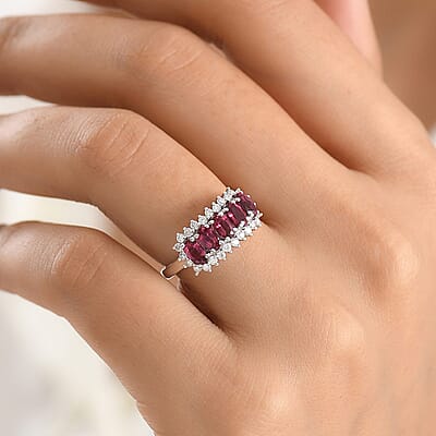 D'Joy Premium Ouro Fino Rubellite and Moissanite 1.60 ctw Ring in Rhodium Over Sterling Silver (Size 5.0)