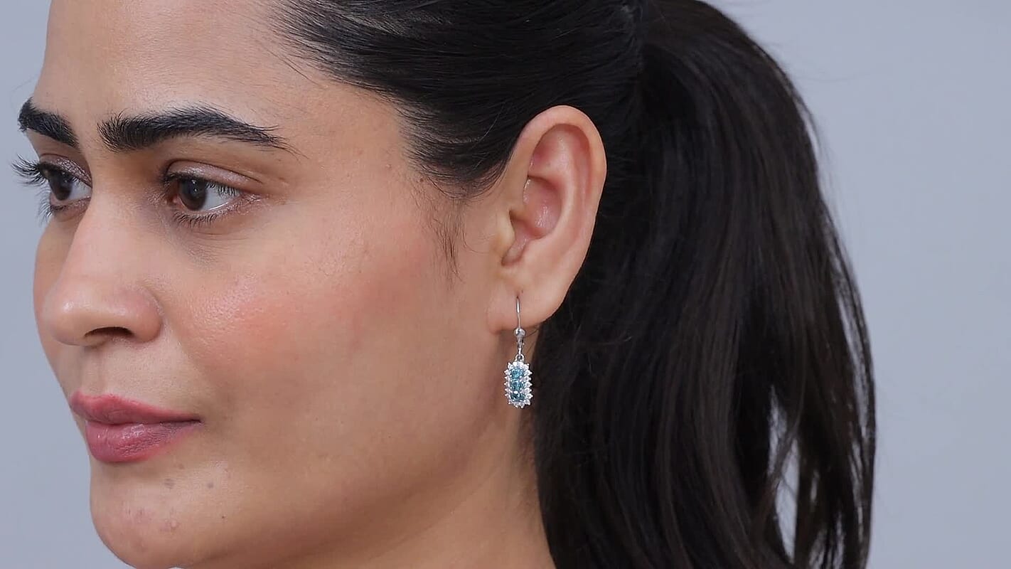 TLV D'Joy Premium Monte Belo Indicolite, Moissanite Earrings in Rhodium Over Sterling Silver 1.60 ctw