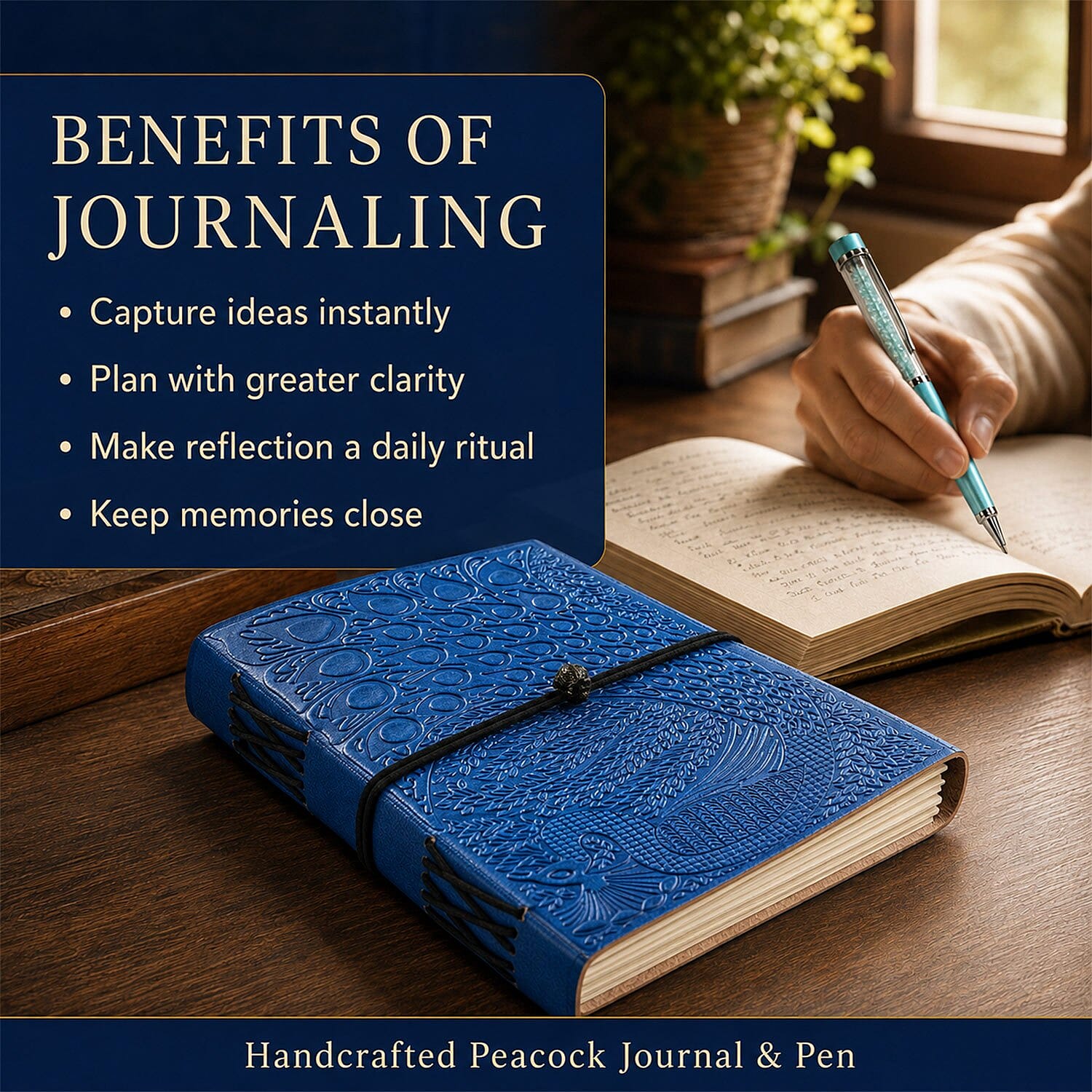 Livmore Blue Handcrafted Leather Peacock Embossed Journal with Kadam Wooden Pen (160 pages)