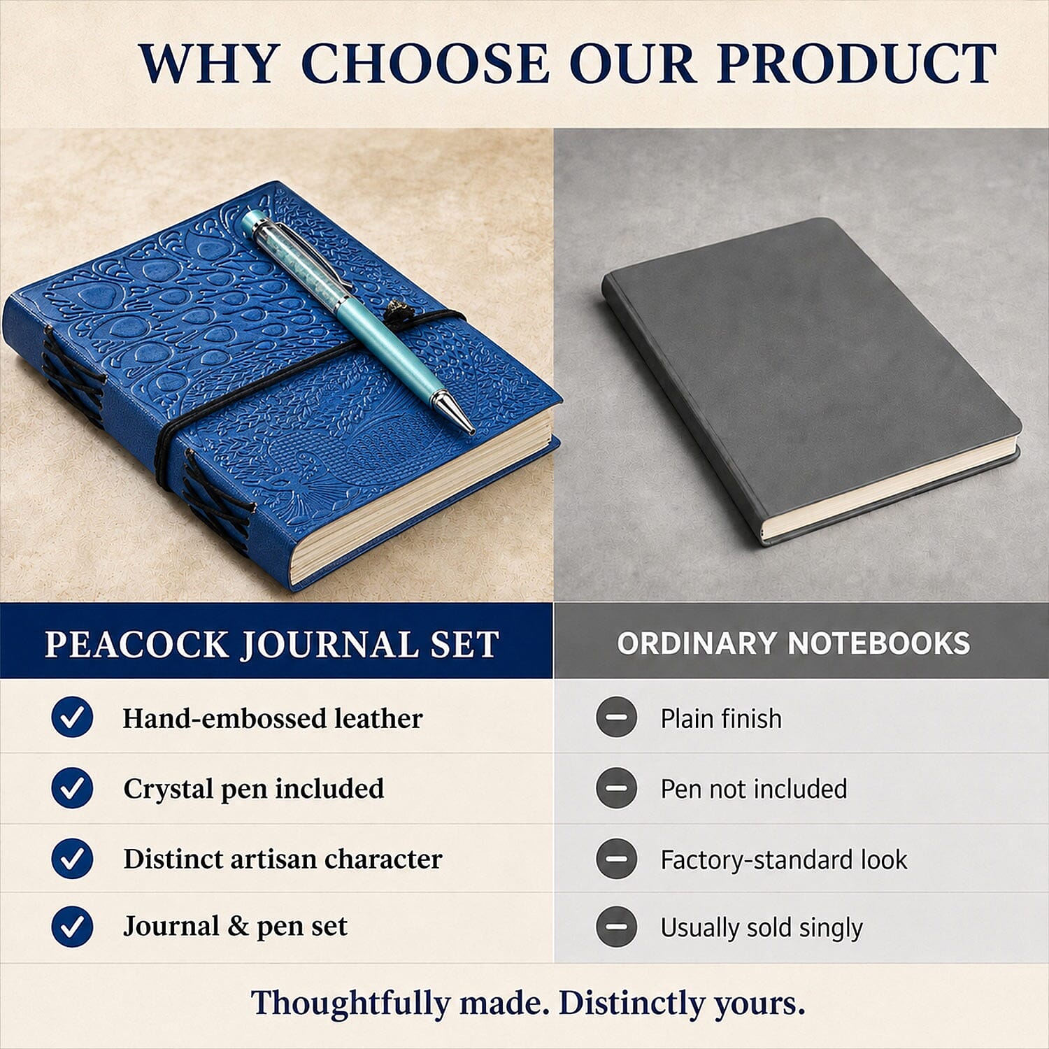 Livmore Blue Handcrafted Leather Peacock Embossed Journal with Kadam Wooden Pen (160 pages)