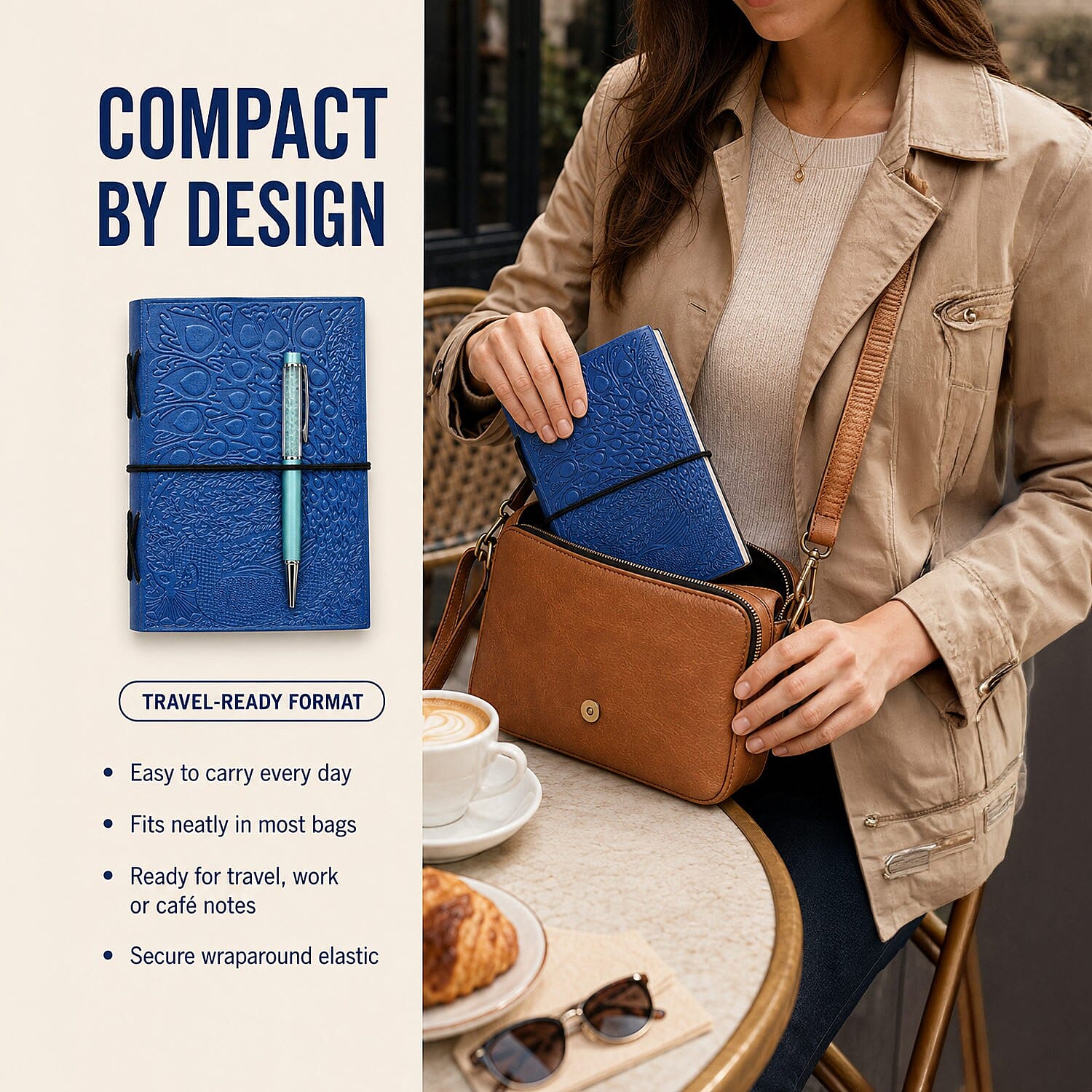 Livmore Blue Handcrafted Leather Peacock Embossed Journal with Kadam Wooden Pen (160 pages)