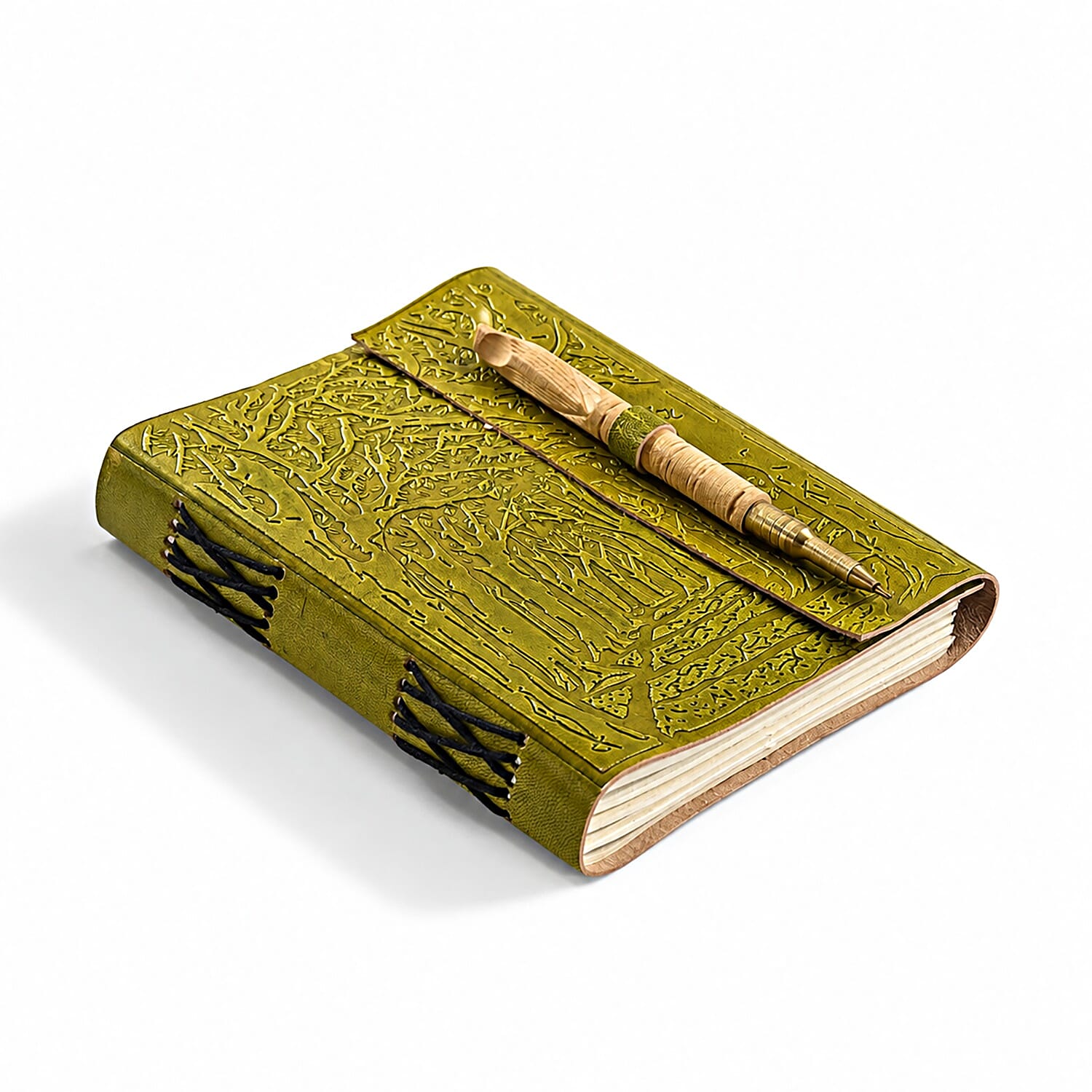 Livmore Olive Green Handcrafted Leather Tree Embossed Journal with Kadam Wooden Pen (160 pages)