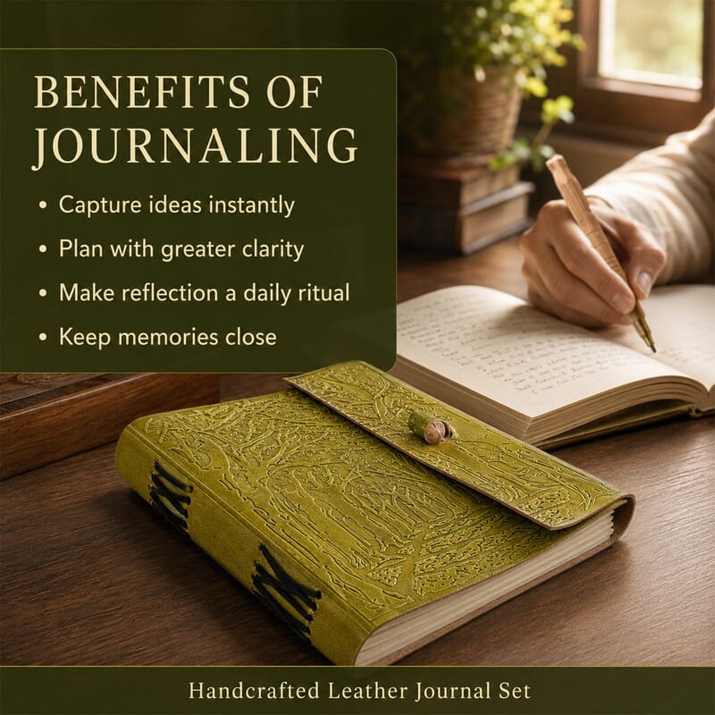 Livmore Olive Green Handcrafted Leather Tree Embossed Journal with Kadam Wooden Pen (160 pages)