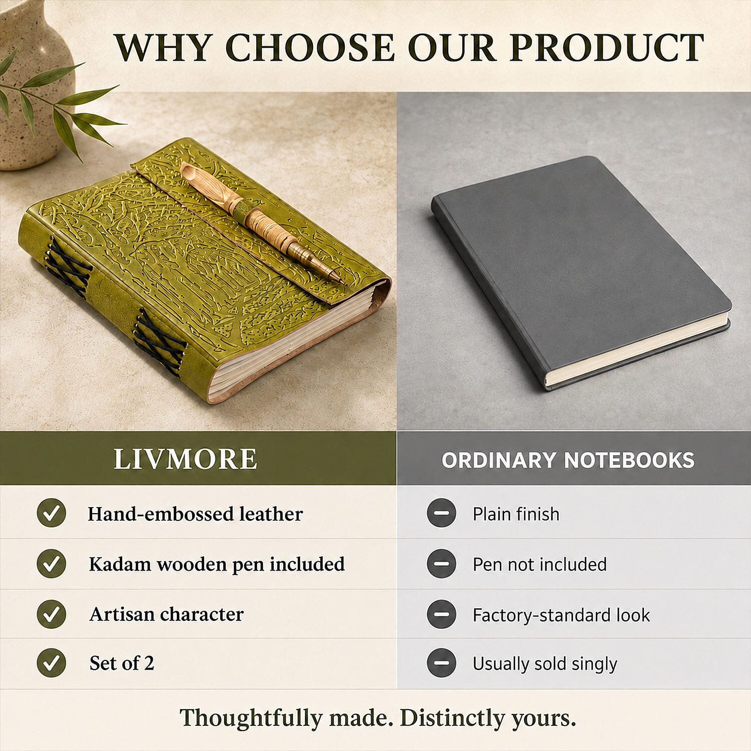 Livmore Olive Green Handcrafted Leather Tree Embossed Journal with Kadam Wooden Pen (160 pages)
