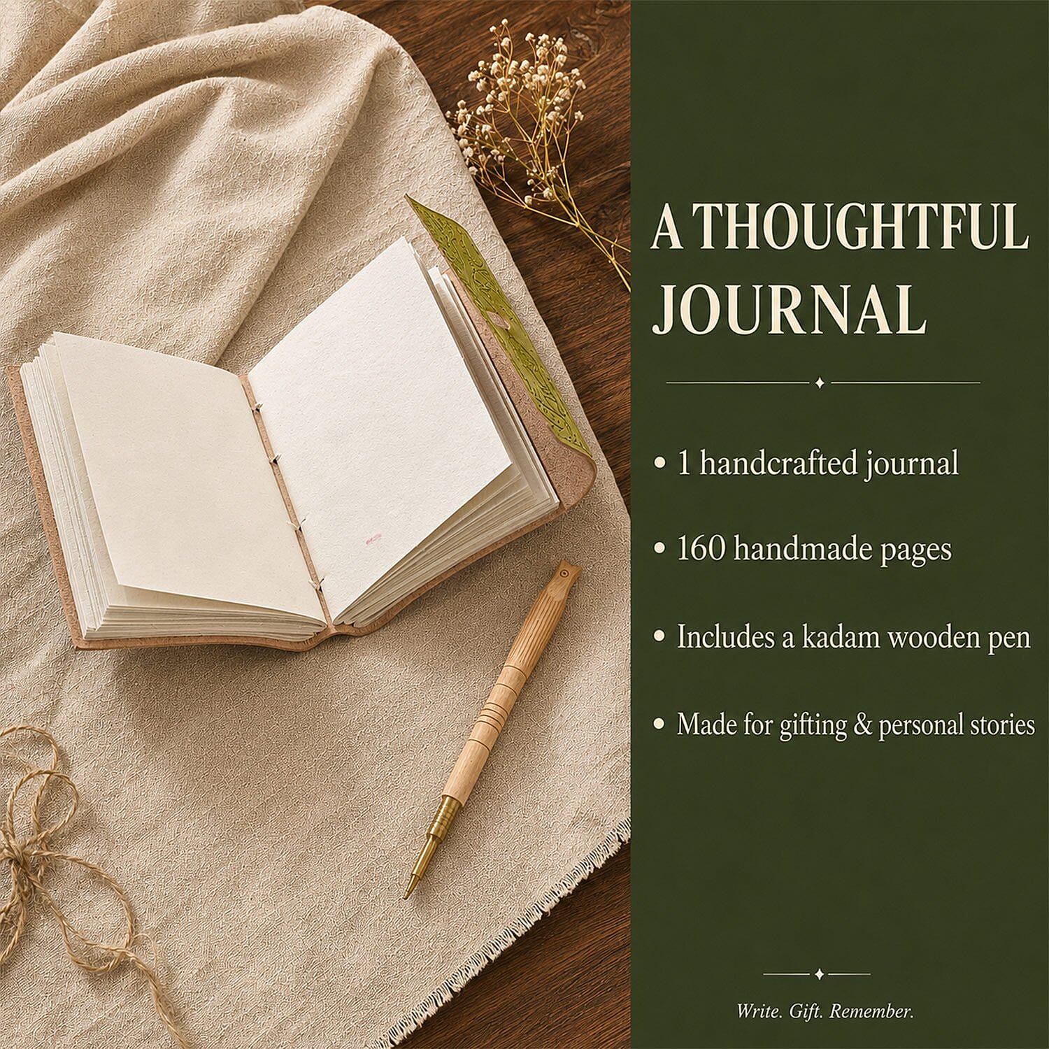 Livmore Olive Green Handcrafted Leather Tree Embossed Journal with Kadam Wooden Pen (160 pages)