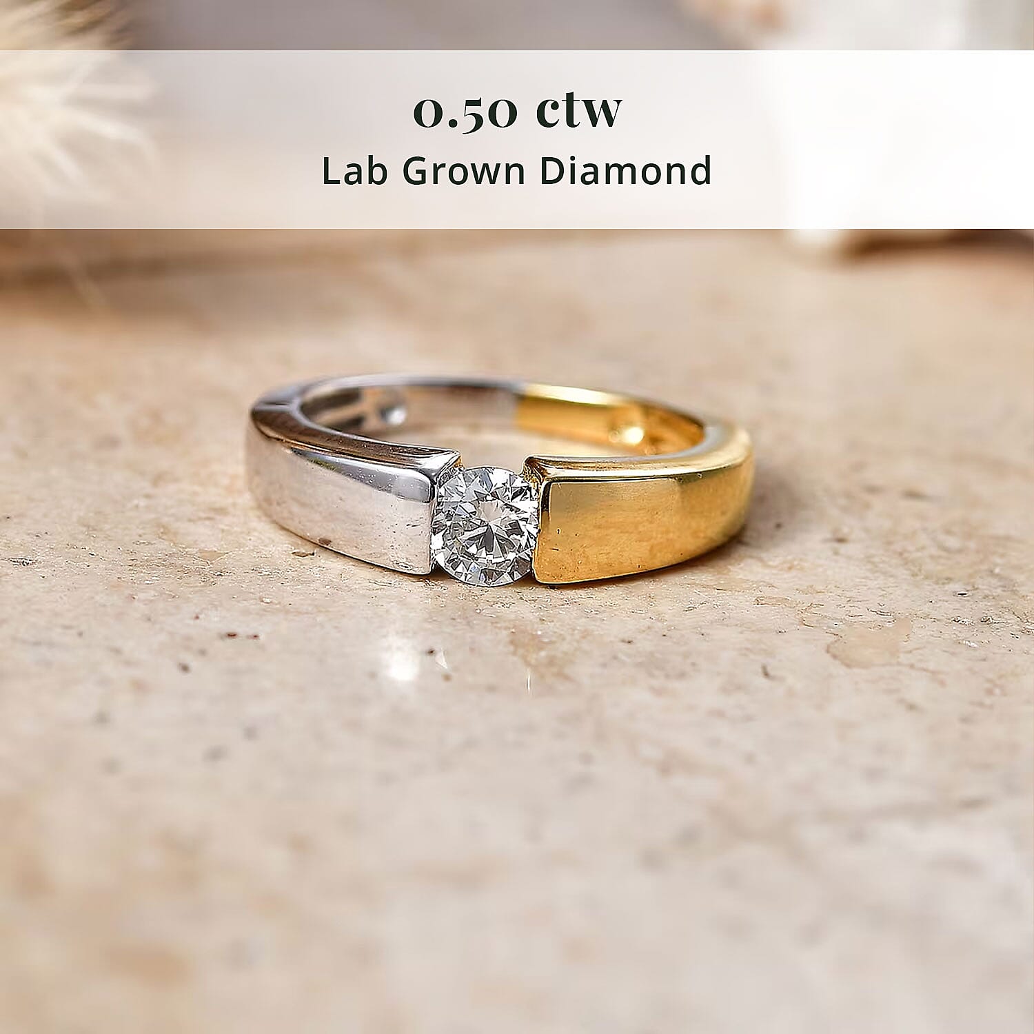 Luxuriant Lab Grown Diamond G-H SI 0.50 ctw Ring in 18K Vermeil YG and Rhodium Over Sterling Silver (Size 5.0) (Del. in 10-12 Days)
