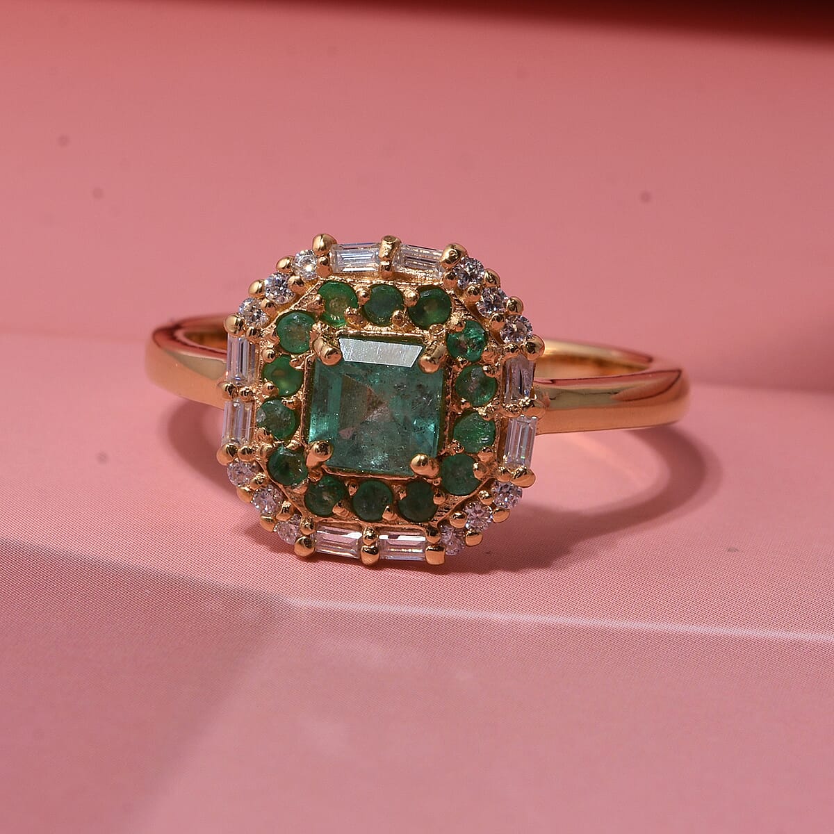 D'Joy AAA Kagem Zambian Emerald and Moissanite 1.20 ctw Royal Blossom Ring in 18K Vermeil Yellow Gold Over Sterling Silver (Size 10.0) image number 1