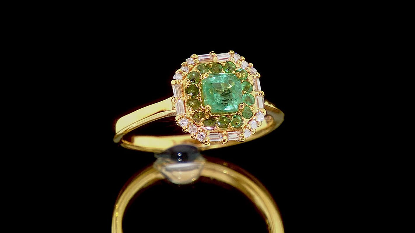 D'Joy AAA Kagem Zambian Emerald and Moissanite 1.20 ctw Royal Blossom Ring in 18K Vermeil Yellow Gold Over Sterling Silver