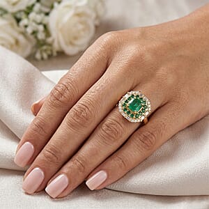 D'Joy AAA Kagem Zambian Emerald and Moissanite 1.20 ctw Royal Blossom Ring in 18K Vermeil Yellow Gold Over Sterling Silver (Size 9.0)