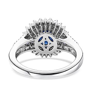 D'Joy Premium Tanzanian Blue Spinel (DF) and Moissanite 2.20 ctw Royal Midnight Halo Ring in Rhodium Over Sterling Silver (Size 10.0)