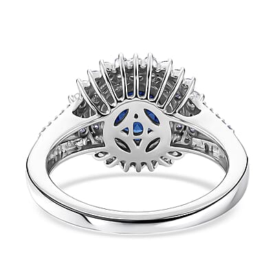 D'Joy Premium Tanzanian Blue Spinel (DF) and Moissanite 2.20 ctw Royal Midnight Halo Ring in Rhodium Over Sterling Silver (Size 5.0)