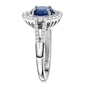 D'Joy Premium Tanzanian Blue Spinel (DF) and Moissanite 2.20 ctw Royal Midnight Halo Ring in Rhodium Over Sterling Silver (Size 6.0)