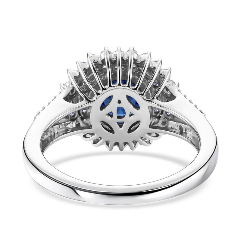 D'Joy Premium Tanzanian Blue Spinel (DF) and Moissanite 2.20 ctw Royal Midnight Halo Ring in Rhodium Over Sterling Silver (Size 6.0)