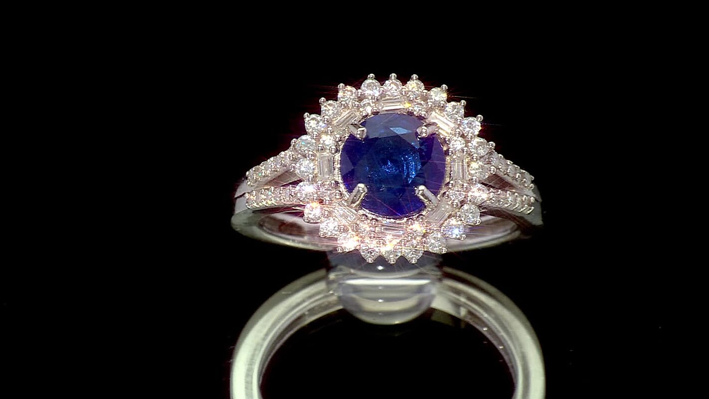 D'Joy Premium Tanzanian Blue Spinel (DF) and Moissanite 2.20 ctw Royal Midnight Halo Ring in Rhodium Over Sterling Silver